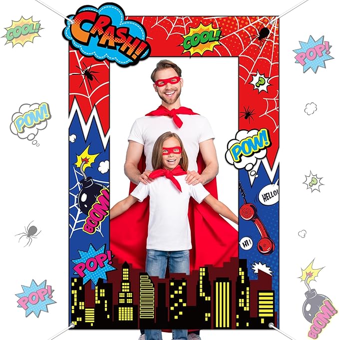 Fabric Comic Hero Photo Prop Super Theme Hero Birthday Party Decoration Red Spider Web Backdrop Banner Cityscape Theme Pho...