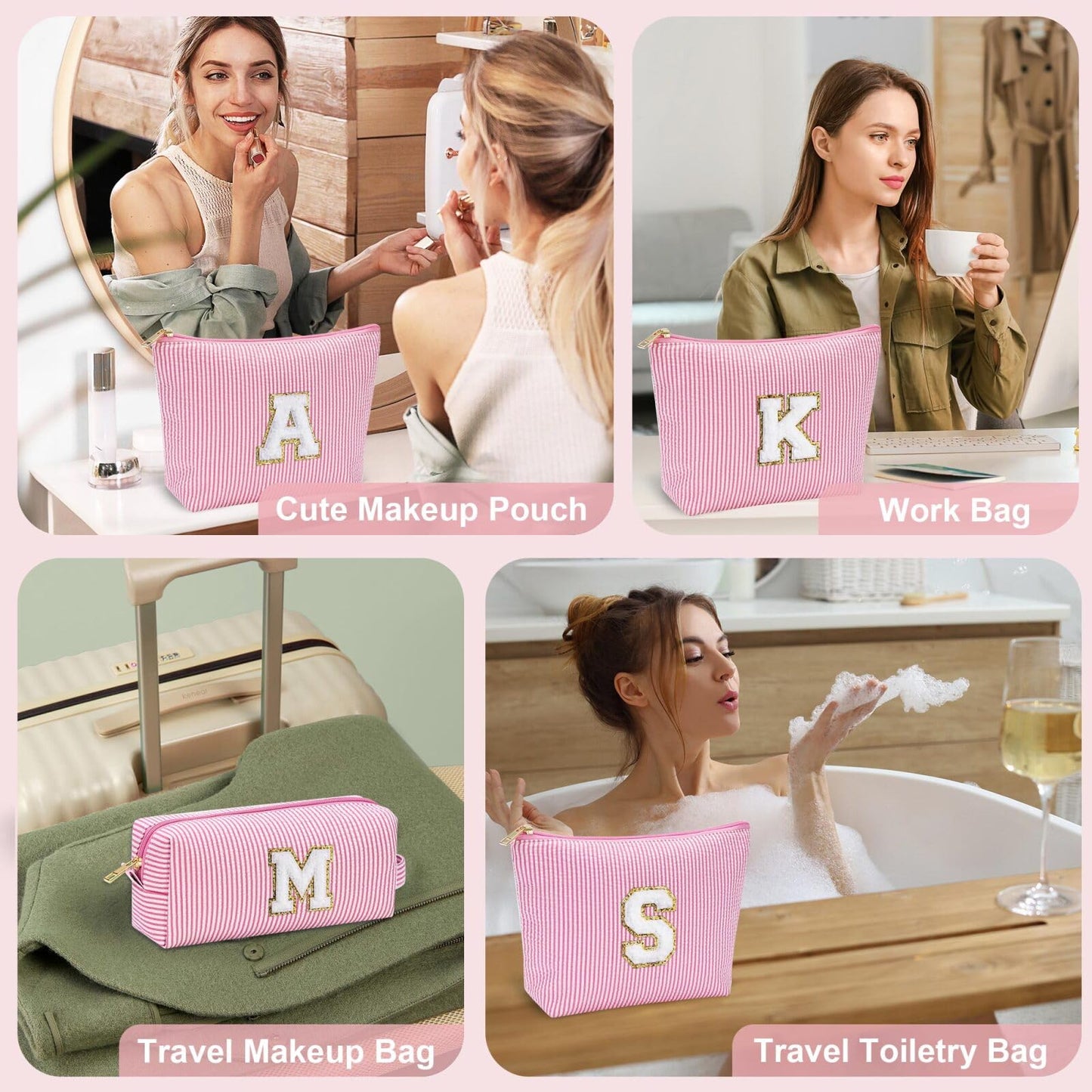 YOOLIFE Cute Gifts Travel Makeup Bag - Pink Travel Cosmetic Bag for Women Yoga, Picnic, Personalized Best Friend Birthday Gifts with Monogram