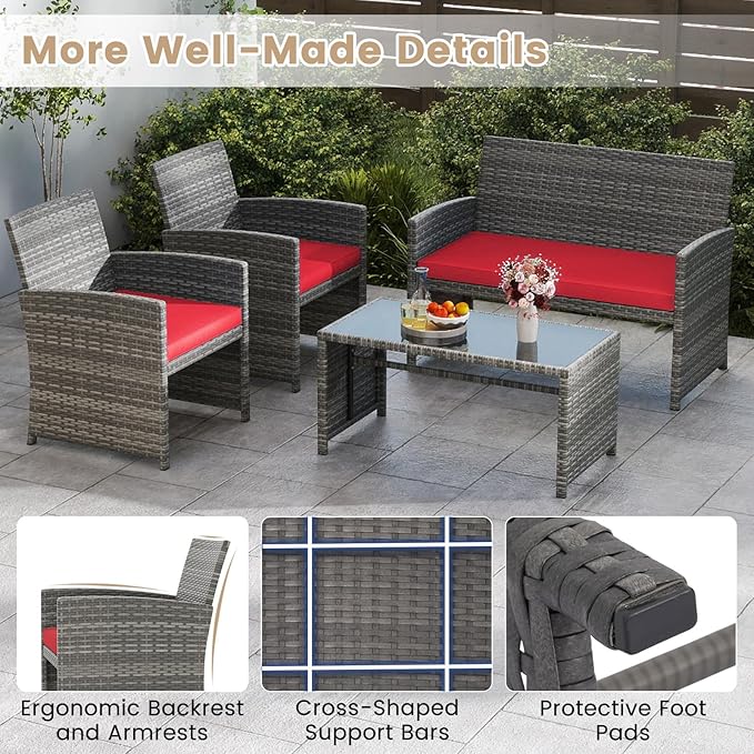 Tangkula 4 Piece Patio Wicker Furniture Set, Outdoor Heavy Duty Rattan Cushioned Chairs, Loveseat and Tempered Glass Coffee Table, for Backyard, Balcony, Poolside