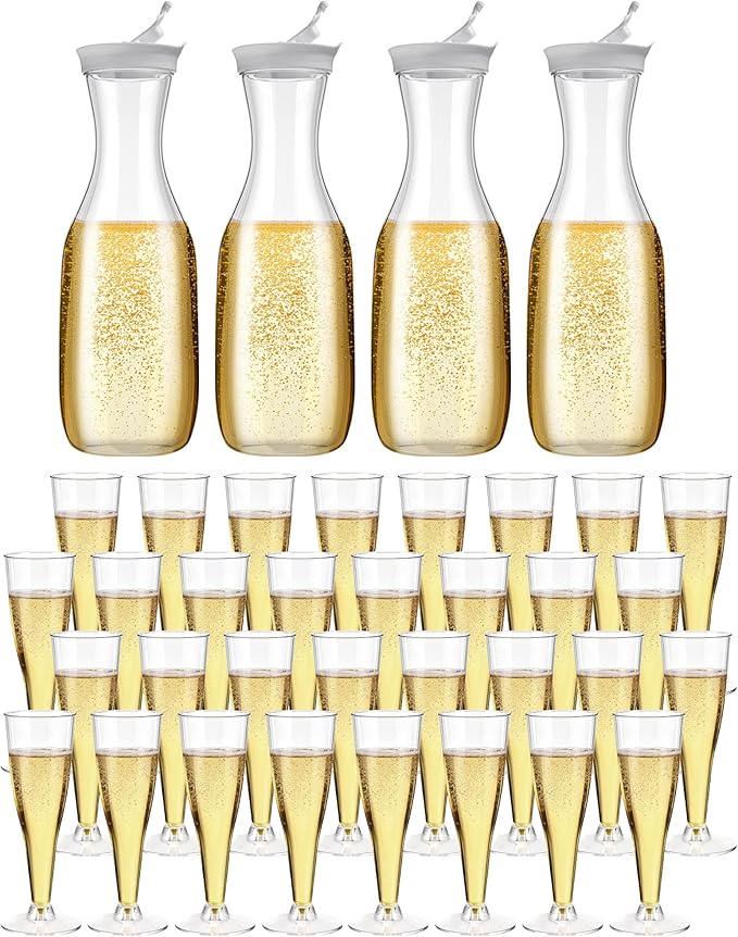 Rtteri 64 Pcs Mimosa Bar Supplies 4 Count Large 50 oz Plastic Water Carafe with Flip Top Lid, 60 Count 4.5 oz Clear Plasti...