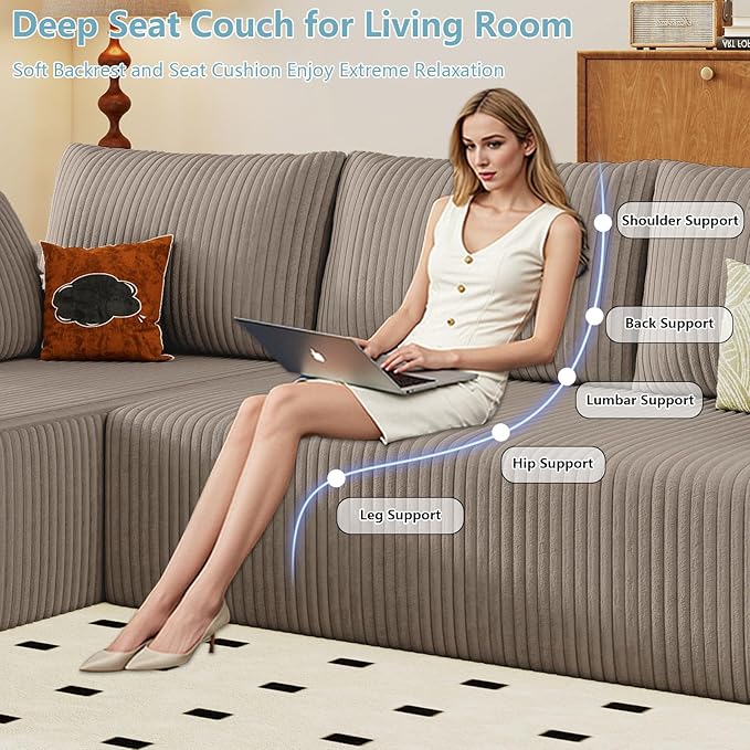 96" Cloud Sectional Couch with L-Shape Chaise, Modern Corduroy Boneless Couch for Living Room,Memory Foam Sofa with Deep Seat,No Assembly Required (Camel,Left-Facing Chaise)