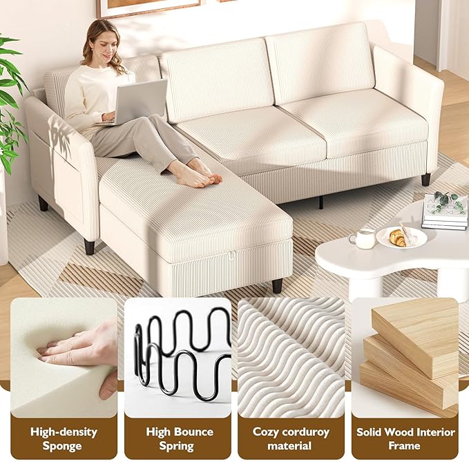 Valthie Convertible Sectional Sofa,Corduroy L-Shaped Couch with Reversible Storage Chaise,3-Seater Sofa with Side Pocket for Living Room,Bedroom and Office, 106.7",Beige