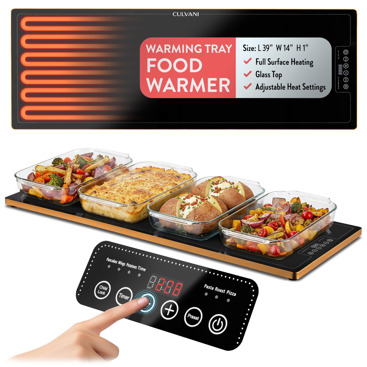 Culvani ThermaPlate XL Warming Tray | 39"x14" Glass Electric Food Warmer for Parties, Buffets & Dinners | 1" Thin Countertop Hot Plate, | Adjustable Presets, Sleek Touch Controls, Safe Design