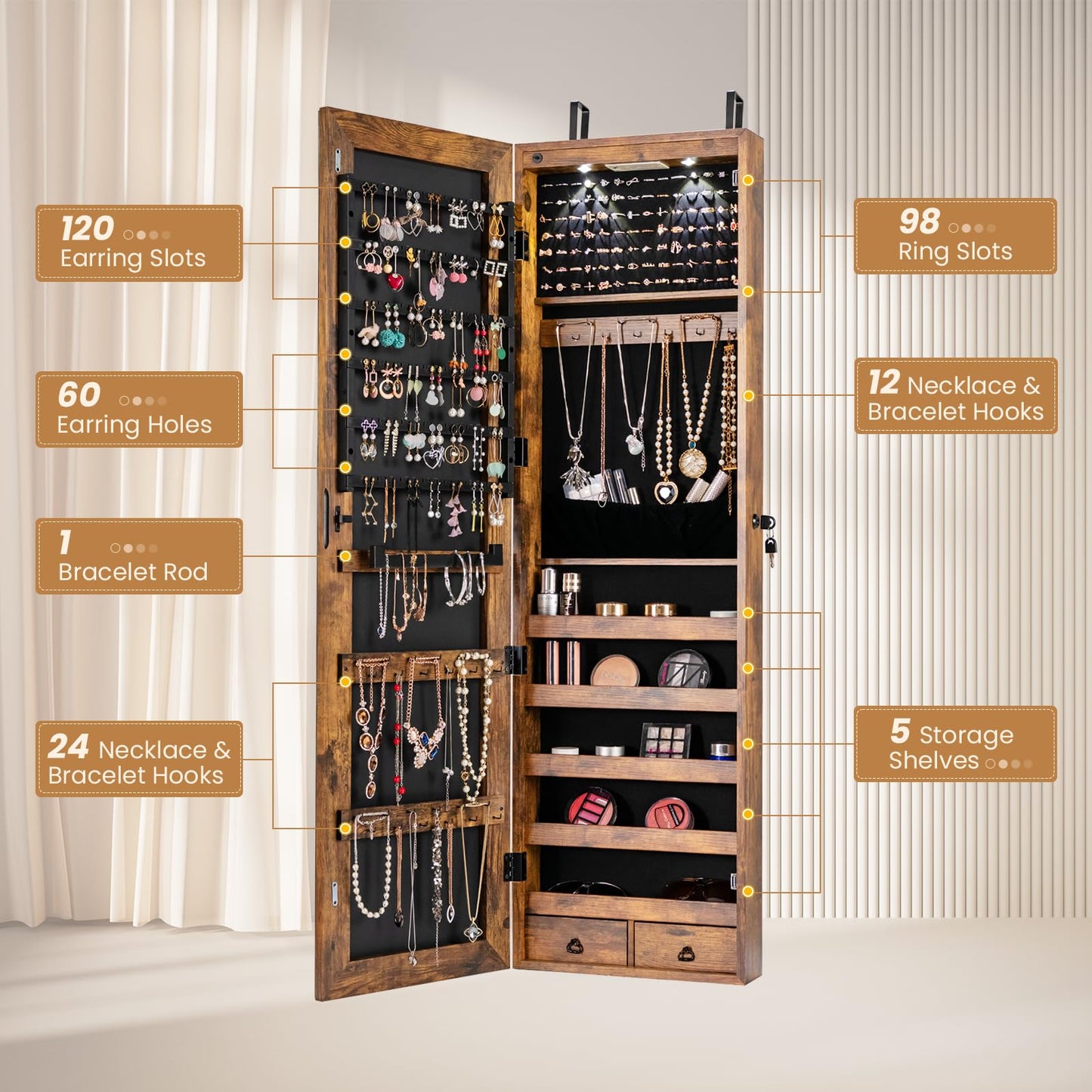 LDAILY Jewelry Armoire Wall or Door Mounted, Full-Length Mirror with Storage, Lockable Mirror Jewelry Cabinet w/ 2 Drawers, LED Lights, Over the Door Jewelry Organizer Box for Women Girls