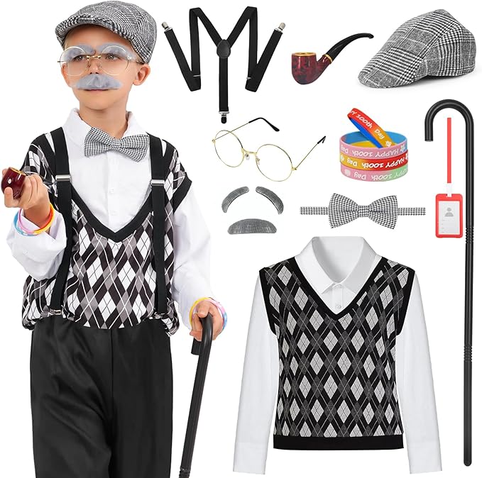 WooWee 100 Days of School Costume for Boys, Old Man Costume for Kids, 100th Day of School Dress Up