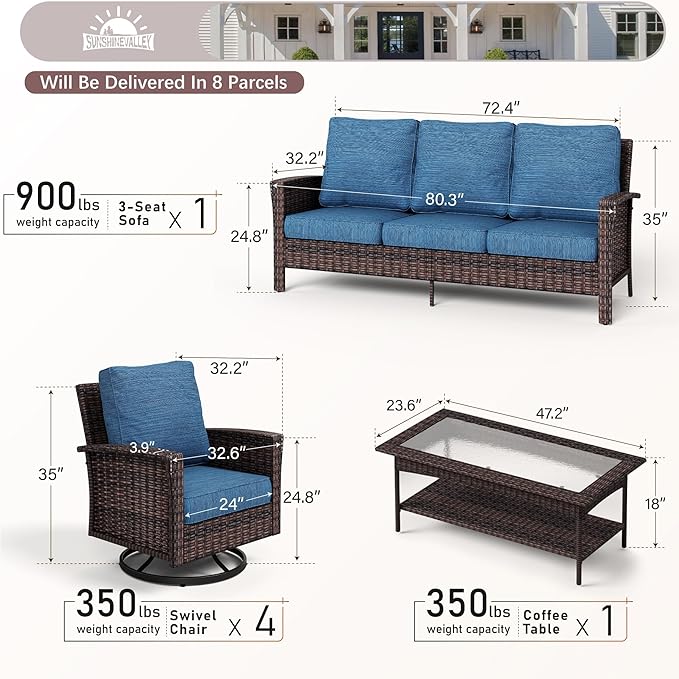 SUNSHINE VALLEY 6 Pieces Patio Furniture Set with Swivel Chairs, High Back Wicker Rattan Sofa with Extra Thick Cushion and Coffee Table, Outdoor Conversation Set for Garden Backyard Deck, Blue