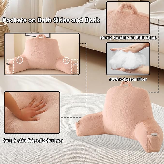 PAJEO Reading Pillow for Sitting in Bed, Large Backrest Reading Pillow with Arm Rest,Back-Rest Support Cushion for Sit Up on Couch, Sofa, and Floor, Dorm Essentials (Shell Pink Faux Fur, Large(19"))