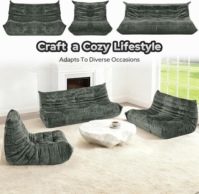 HABUTWAY Bean Bag Chair, Giant Bean Bag Chairs for Adults, Loveseat Fireside Chair, 2 Seater Lazy Bean Bag Sofa Memory Foam Couch for Living Room, Bedroom, Office (Green)