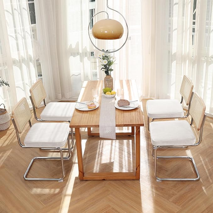 Zesthouse Natural Rattan Dining Chairs Set of 2, Modern Dining Room Chairs with Solid Wood Back for Kitchen Living Room, Mid Century Breuer Design Inspired, Upholstered Velvet Fabric, White