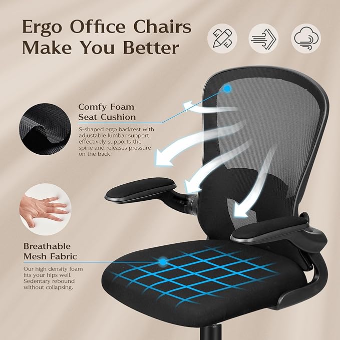FelixKing Office Desk Chairs, Ergonomic PC Desk Chair with Wheels, Adjustable Lumbar Support and Height, Swivel Computer Chair with Flip-up Armrests, Ergo Mesh Backrest for Working (Black, Pack of 6)