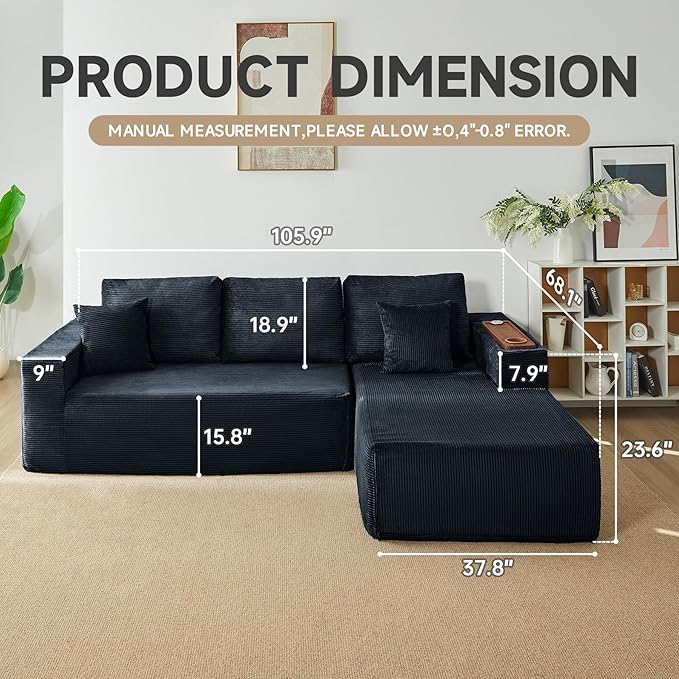 Modular Sectional Sofa Cloud Couch with Multi-Functional Armrests, Boneless Plush L-Shape Living Room Couch with Deep Seat, Fluffy Comfy Sleeper Sofa Easy Assembly (Black, Left Chaise)
