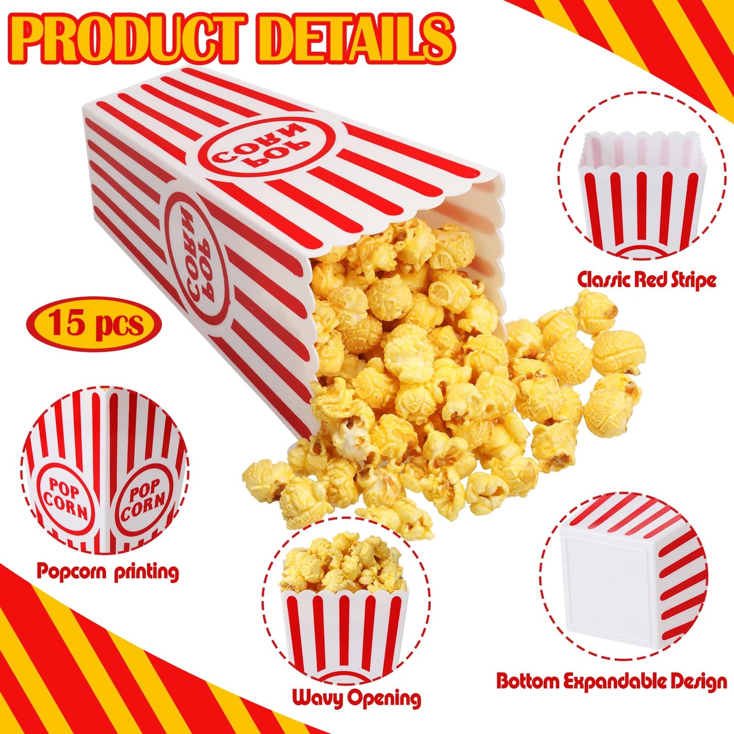 Yuxung Plastic Popcorn Boxes Red and White Striped Popcorn Buckets Bulk Reusable Open Top Containers for Movie Night, Classic Retro Style, 7.7 x 3.9 x 2.4 Inch(15 Pcs)