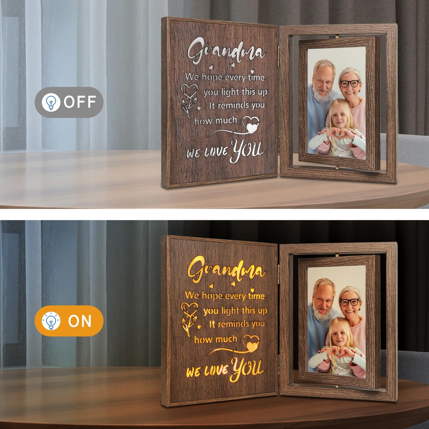 EYITUPC Grandma Picture Frame with Light Up Message – Rotating Double Sided 4x6 Photo Frame – Rustic Brown Gifts for Grandma from Grandkids – Mother's Day Birthday Christmas Gift for Grandma