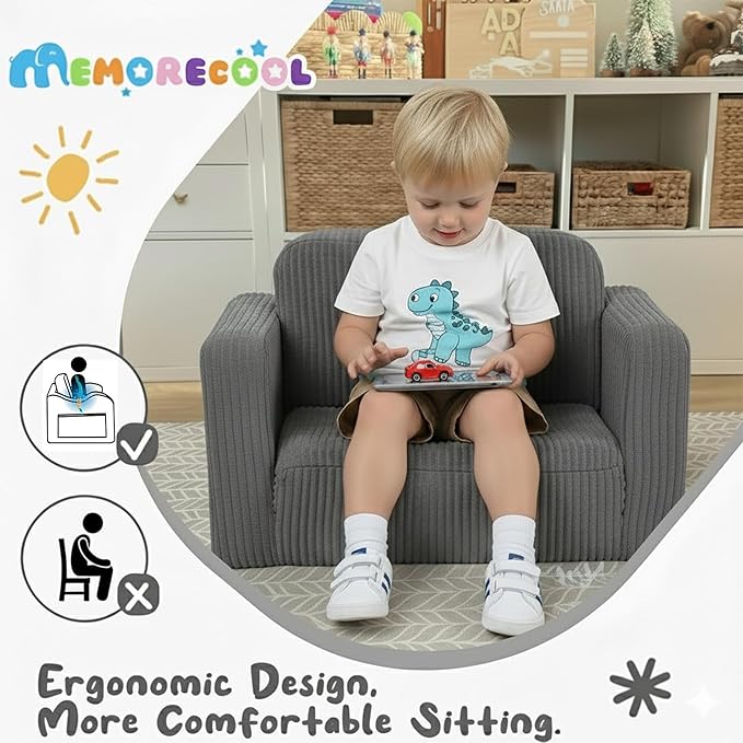 MeMoreCool Toddler Chair Comfy for 1-3 Years Old, Corduroy Kids Couch Bed Fold Out, 2-in-1 Foldable Baby Lounge Chair, Pull Out Children Sofa Bed, Light Grey