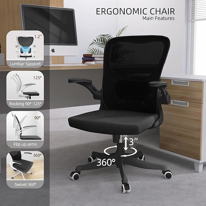 balmstar Office Chair,Ergonomic Comfy Home Desk Chair with 350LBS Capacity,High Back Gaming Chair with Wheels,Mesh Computer Chair,Lumbar Support, Adjustable Headrest,Flip-up Armrest (07Black)