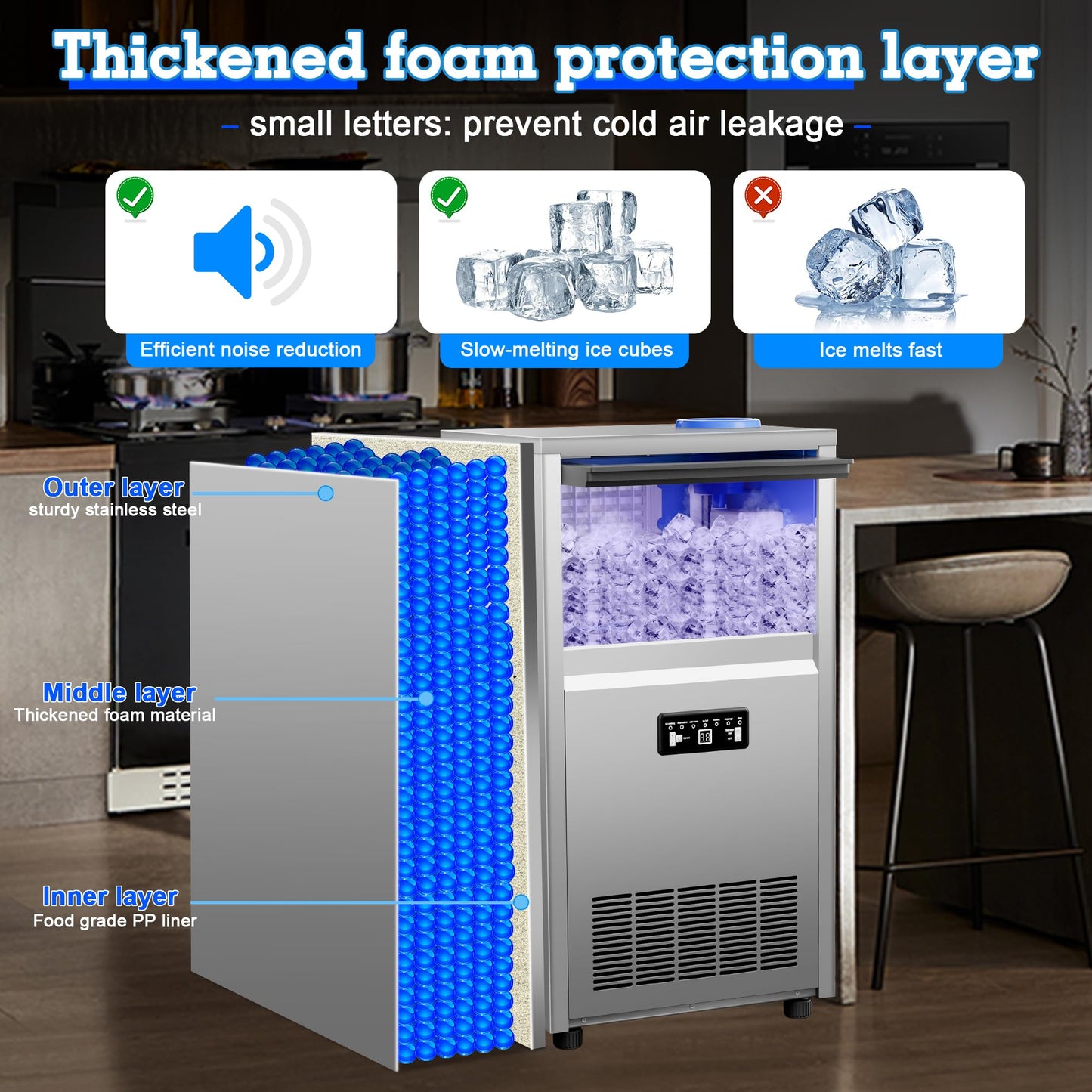 Ice Maker Commercial Ice Maker Machine 150lbs/24H with 30lbs Storage, Stainless Steel Undercounter/Freestanding Ice Machine 50Ice/Cycle 2 Water Inlet Modes Self-Cleaning for Homes Restaurants Bars