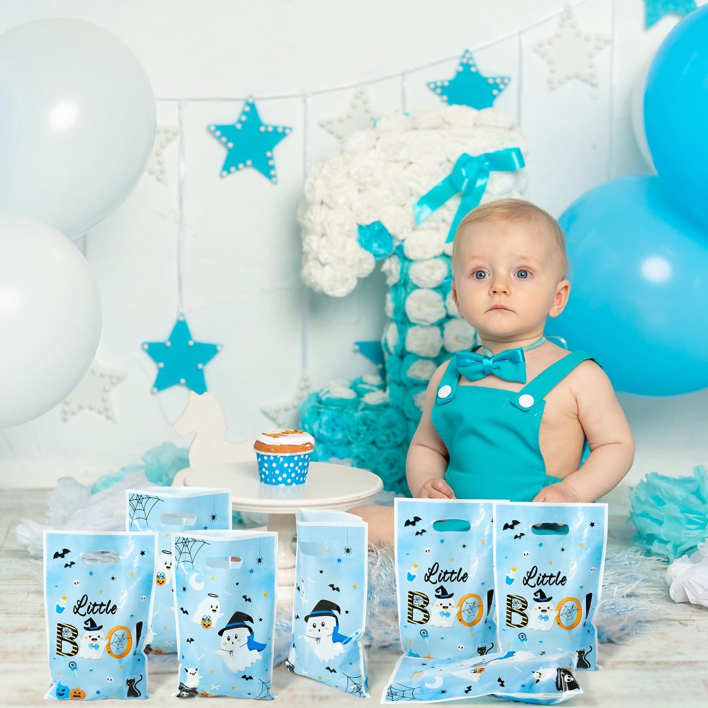 Haooryx Bule Little Boo Favor Bags - 50Pcs Halloween Little Ghost Plastic Gift Bag Birthday Party Gift Warp Goodie Candy Treat Bags for Halloween Party Kids Boy Birthday Baby Shower Party Favor Supply