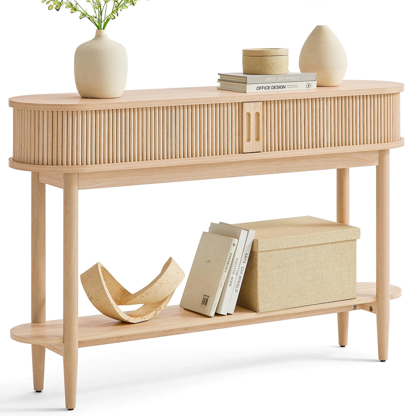 LINSY Fluted Console Table with Storage, Entryway Table Wood Entrance Tables for Front Door, Behind Couch Sofa Table with Shelves, Foyer Tables for Hallways, Living Room Boho Furniture, Light Wood