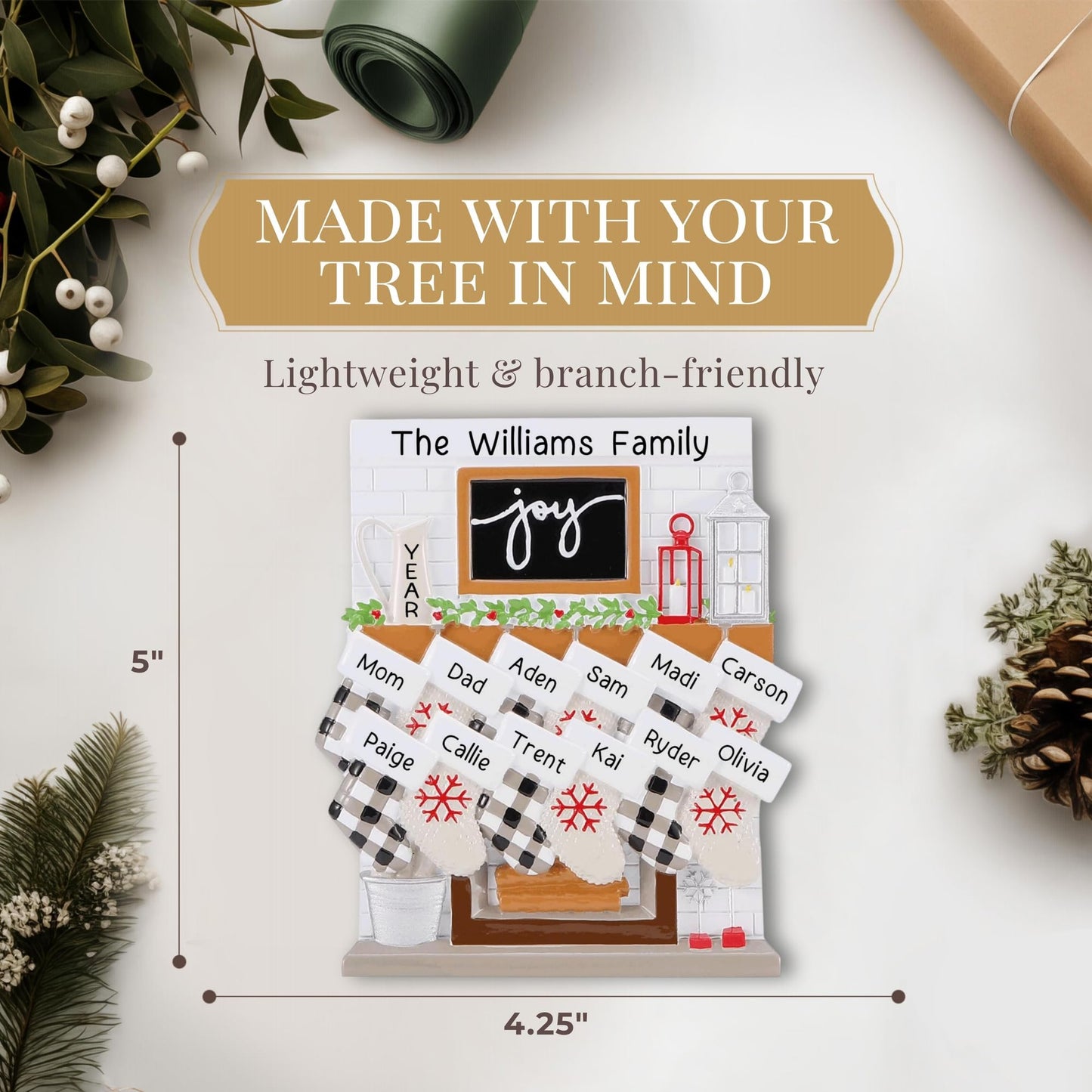 Personalized Large Family of 12 Ornament 2025 | Free 24h Customization | Laser Engraved Fireplace Christmas Ornaments for Tree | Custom Gift Wrapped Mantel with Stockings Keepsake for Twelve Persons
