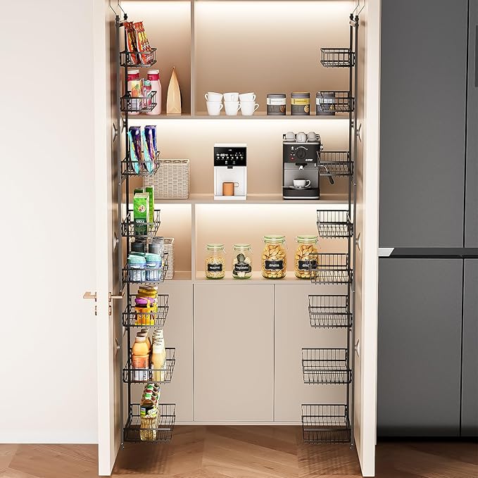 Over The Door Pantry Organizer, 8-Tier Over The Door Organizer with Adjustable Baskets, Metal Hanging Spice Rack for Pantry Organizers and Storage, Suitable for Kitchen Laundry Room & Bathroom,Black