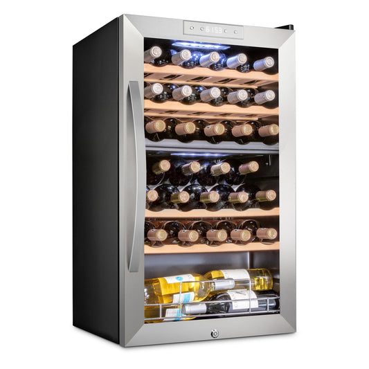 SCHMÉCKÉ 33 Bottle Dual Zone Wine Cooler Refrigerator w/Lock - Large Freestanding Wine Cellar For Red, White, Champagne & Sparkling Wine - 41f-64f Digital Temperature Control Fridge Stainless Steel