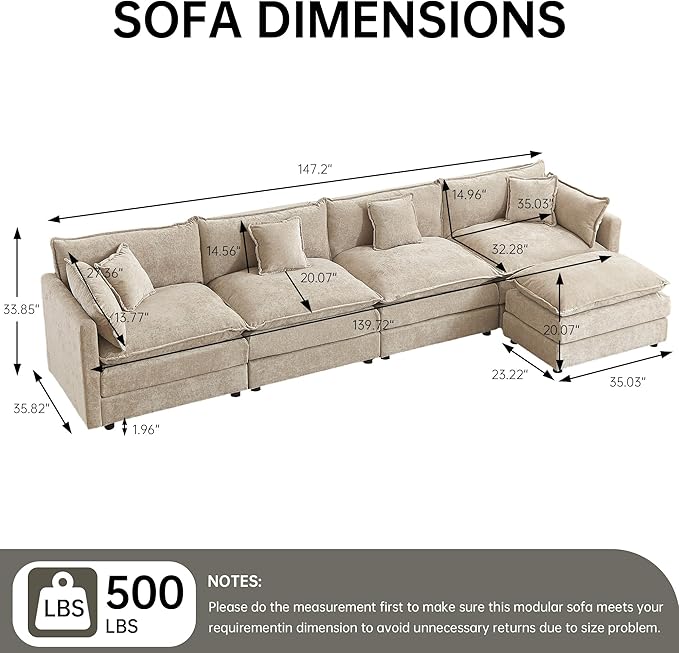 saows Modular Sectional Sofa, 147.2 Inch L Shaped Couch Set with Armrests, 4-Seater Comfy Cloud Couches with Movable Ottoman for Living Room Apartment, Coffee