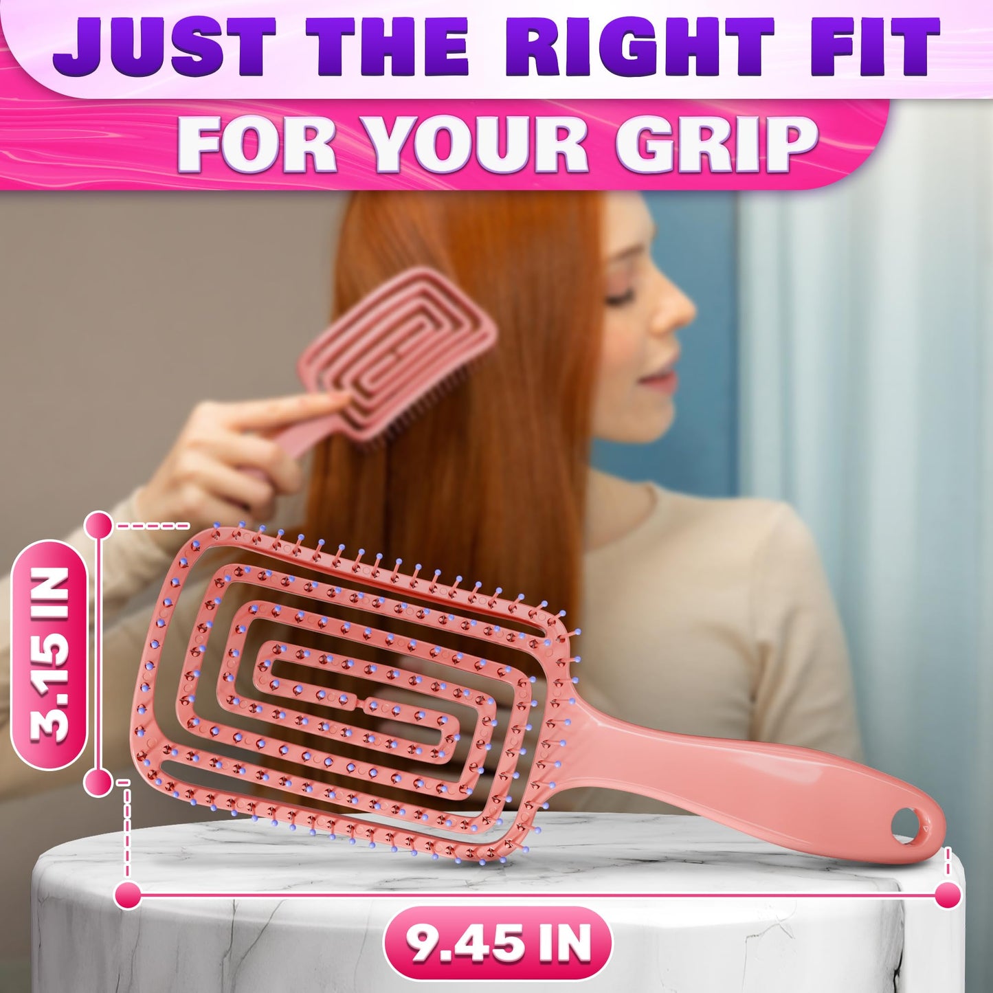 Pink Hair Detangler Brush - Curved Vented Brush for Thick Hair, Lightweight and Ergonomic, Convenient Size, Suitable for All Cur