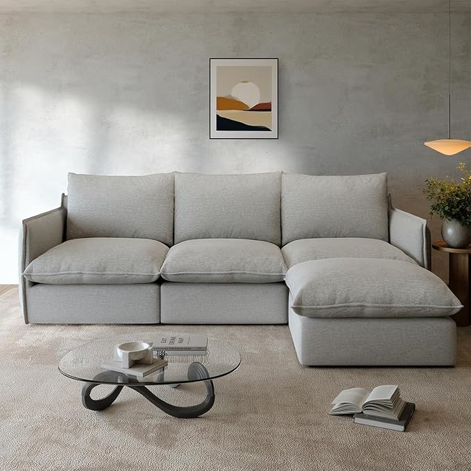 Gtilzria Waterproof Cloud Sectional Couches,High Backrest Down Filled Sofa for Living Room,94.5" Modular Sofas L-Shaped with Ottoman,Detachable Couch Covers,Light Grey