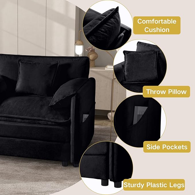 RENDGO Modular Sectional Sofa Sets,2 Pieces Chenille Sectional Loveseat Sofas,Deep Seat Comfort,4-Seater Comfy Couch for Living Rooms & Apartment, Guest Rooms,Black