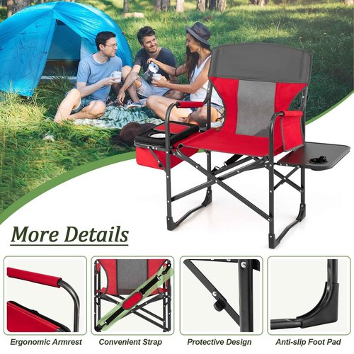 Giantex Camping Chair with Side Table, Storage Pocket, Cooler Bag, Shoulder Strap, Handle, Support 400 Lbs Folding Directors Chair for Artist Makeup Lawn Fishing Picnic, Red