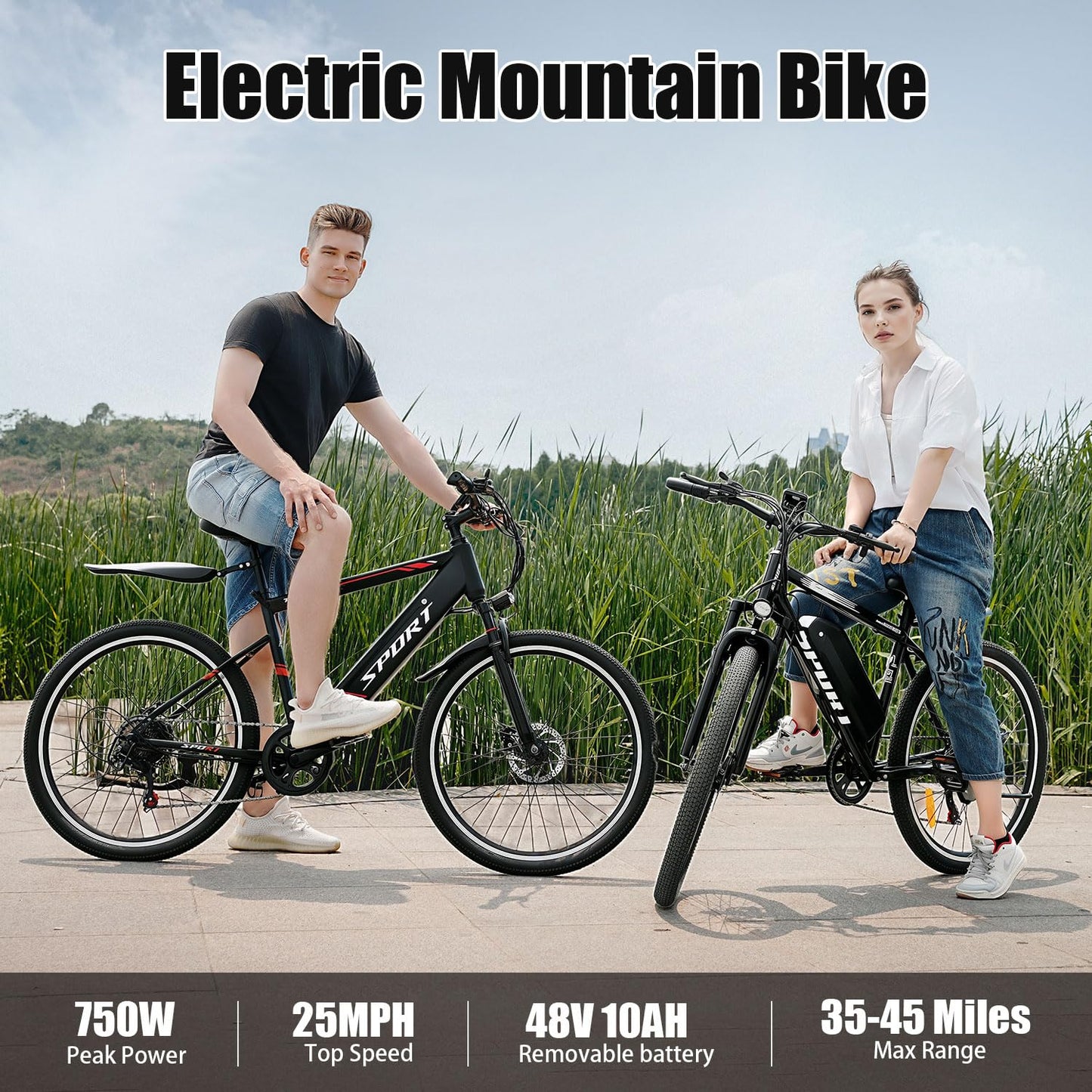 Electric Bike for Adults, 750W Motor, Up to 25 MPH 45 Miles, Removable Battery, 7 Speeds, 26" Electric Mountain Bike Comes with Bike Lock, Fender, Soft Seat Pad, UL2849