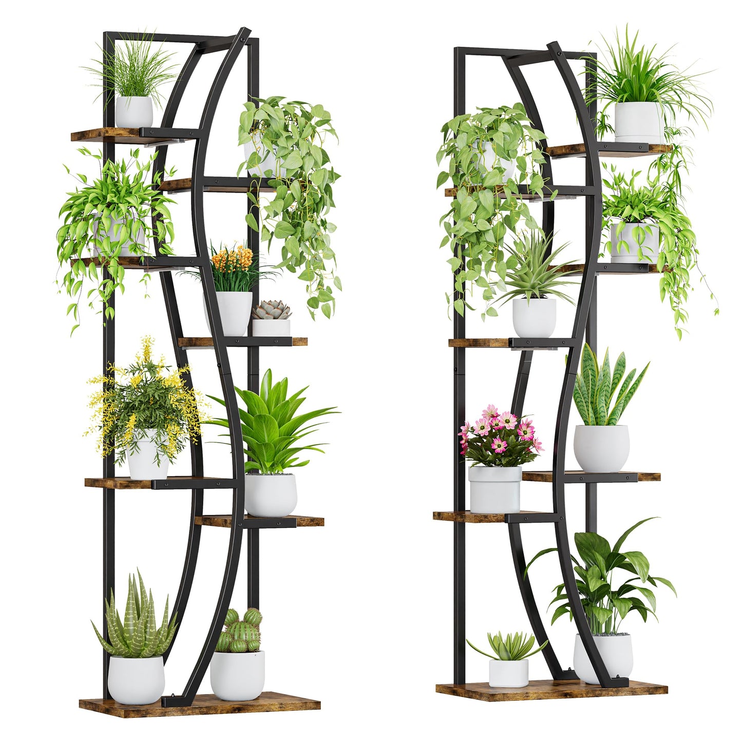 IRONCK Indoor Plant Stand with Grow Light 2 Set - 62" Tall Corner Shelf, 7 Tier S-Shape Plant Display Shelves Stylish Plant Holder for Home & Office