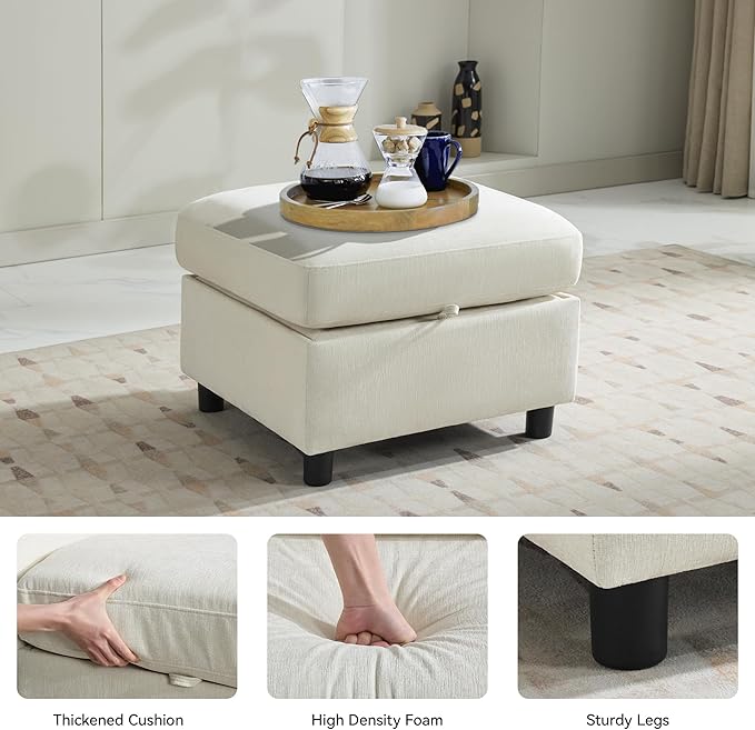 WUTUTUEE 25" Square Storage Ottoman for Modular Sectional Sofa, Convertible Couch Footrest with Hidden Compartment, Chenille Upholstered Coffee Table & Extra Living Room Seating, Beige