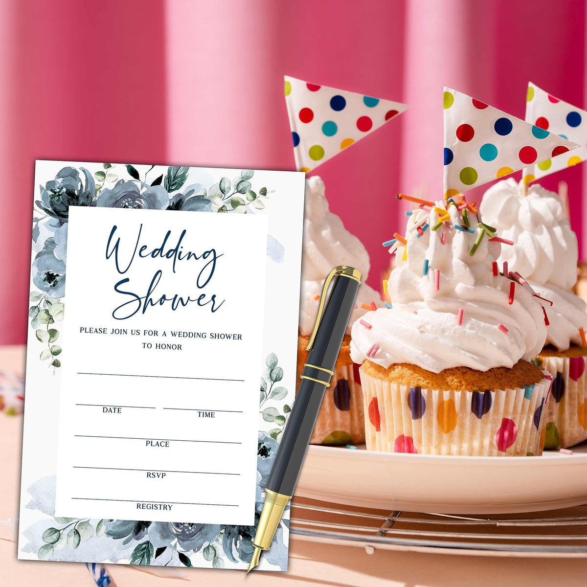 Dusty Blue Floral Wedding Shower Invitations - Elegant Bridal Shower Invites - Watercolor Bridal Brunch Invitation - Dusty Blue Roses Couples Shower, Engagement Party Supplies (25 Set of Invitations