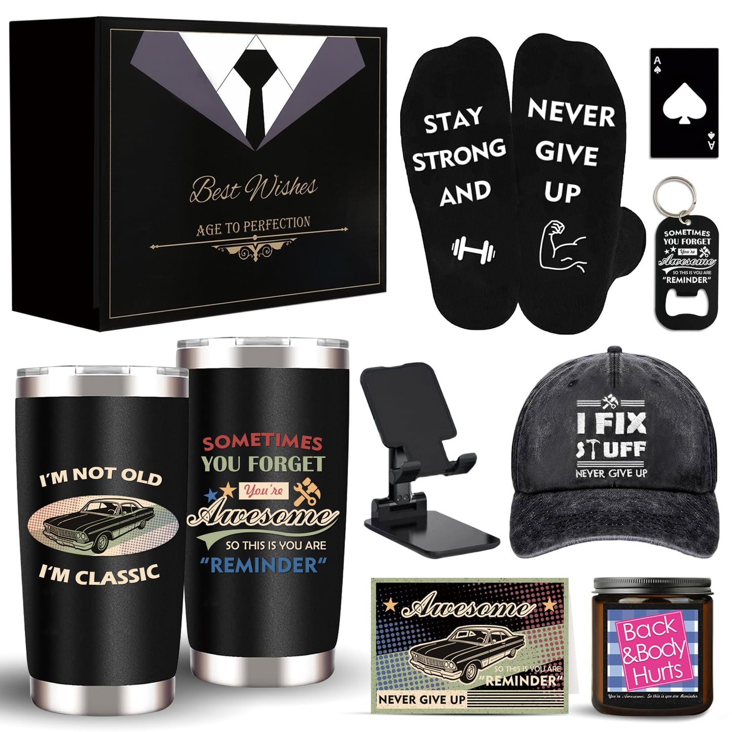 Gift Baskets for Men Dad Husband Boyfriend, Unique Birthday Gifts for Mens Him Who Have Everything, Funny Grandpa Uncle Father Brother Teacher Man Black Christmas Anniversary Tumbler Set Ideas