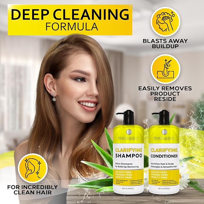 Clarifying Shampoo and Conditioner Set - Sulfate Free Hair Care Products for Women and Men - Build Up Remover for Curly, Straight, Color Treated, Oily and Black Hair - Hydrating Dry Split Ends Formula