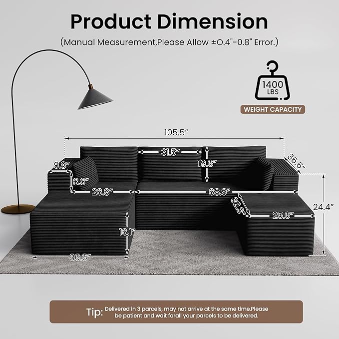 106" Cloud Sectional Boneless Couches for Living Room, Modular U Shaped Couch with Deep Seat, Removable Ottoman, Memory Foam Compressed Spineless 4 Seater Sofa for Bedroom Apartment, Black
