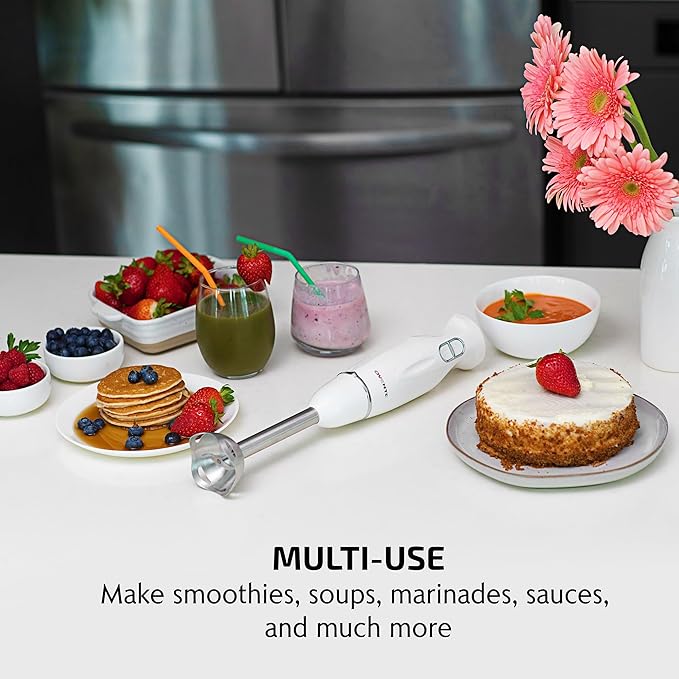 OVENTE Immersion Hand Blender, 300W Corded Electric Handheld Stick Mixer with 2 Mixing Speeds and Stainless Steel Blades for Smoothies, Purees & Baby Food, White HS560W