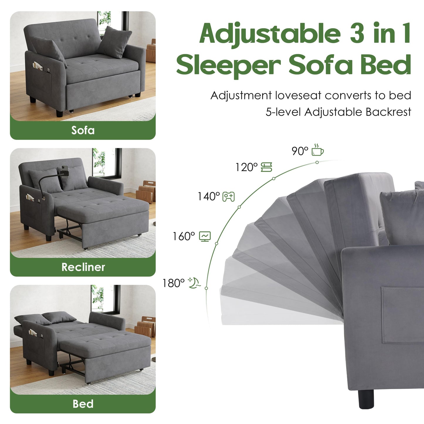 AYEASY Sleeper Sofa Bed, 3 in 1 Convertible Sleeper Couch Bed Pull Out, Small Loveseat Sofa, Futon Sofa Bed Full Size, 46" Velvet Love Seat with Pillow and Phone Holder for Living Room, Grey