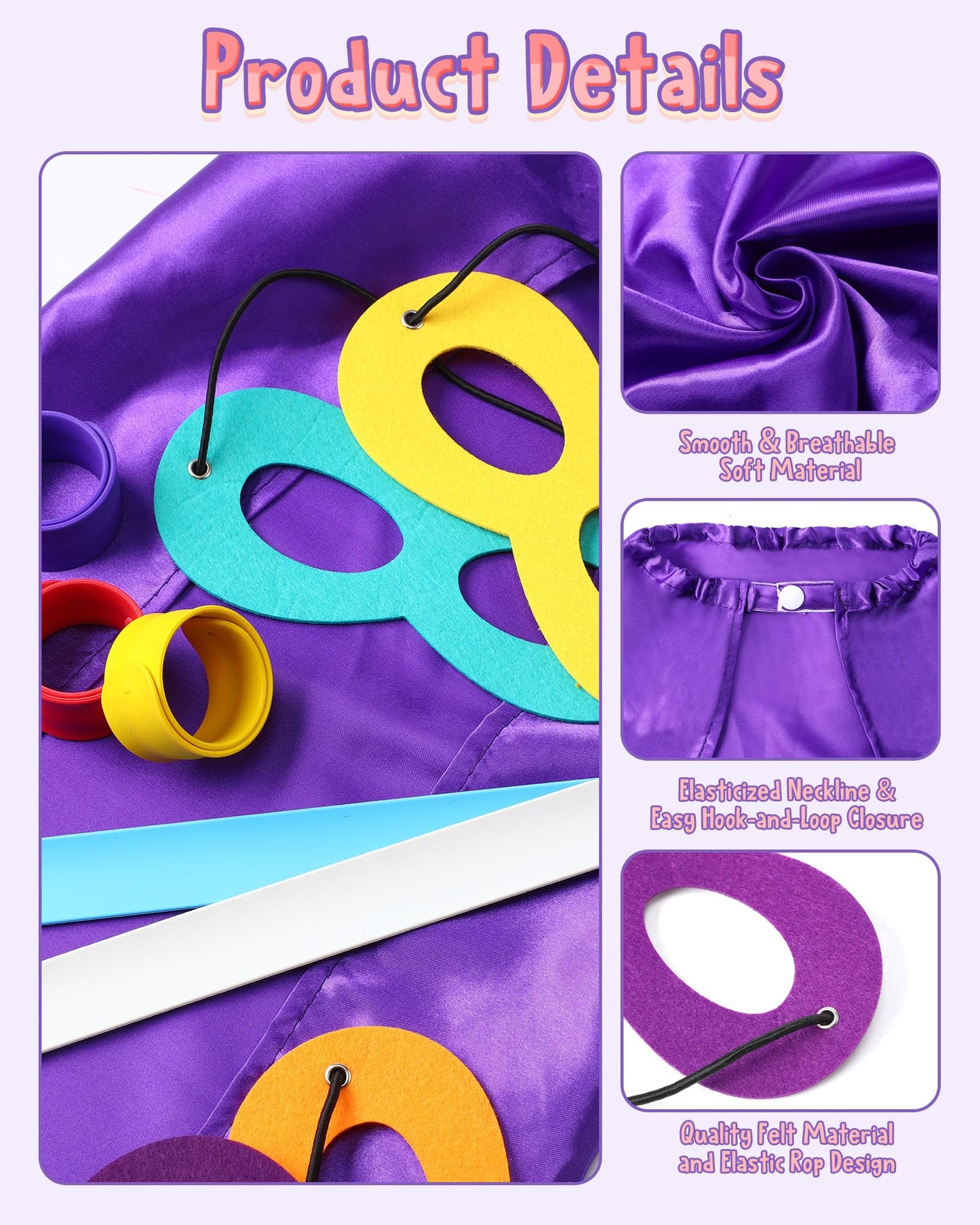 Jenaai 48 Sets Kids Party Costume Set Capes Felt Masks and Slap Bracelets for Birthday Halloween Cosplay Group Dress-up Party