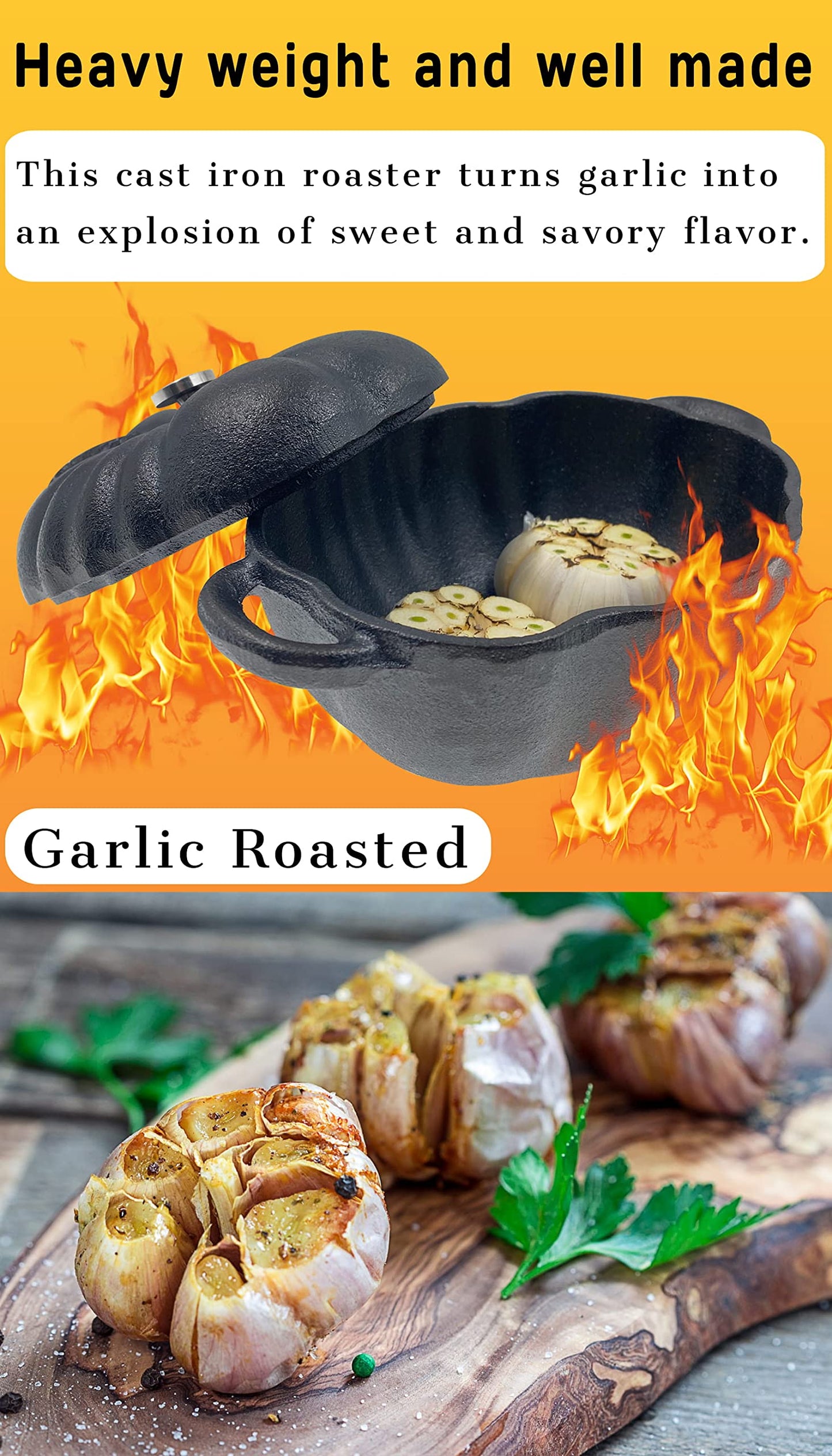 AOKDEER Garlic Roaster, Pre-Seasoned Cast Iron Garlic Roaster Oven Baker and Garlic Presses Set for Kitchen, Pumpkin Soup Pot Casserole, BBQ Grill Garlic Roasted Baker Tool for Outdoor Picnic Camping