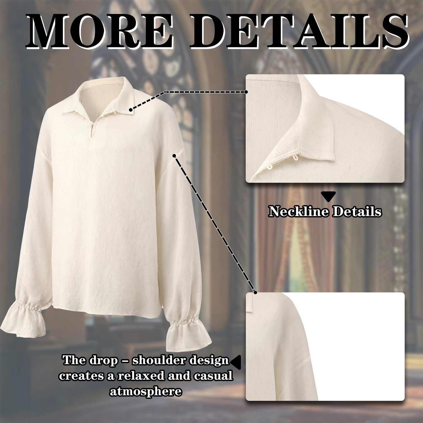 SightYoung Men Renaissance Shirt,Pirate Shirt Men,Victorian Ruffled Vampire Poet Shirts Gothic Medieval Costume,Beige,L