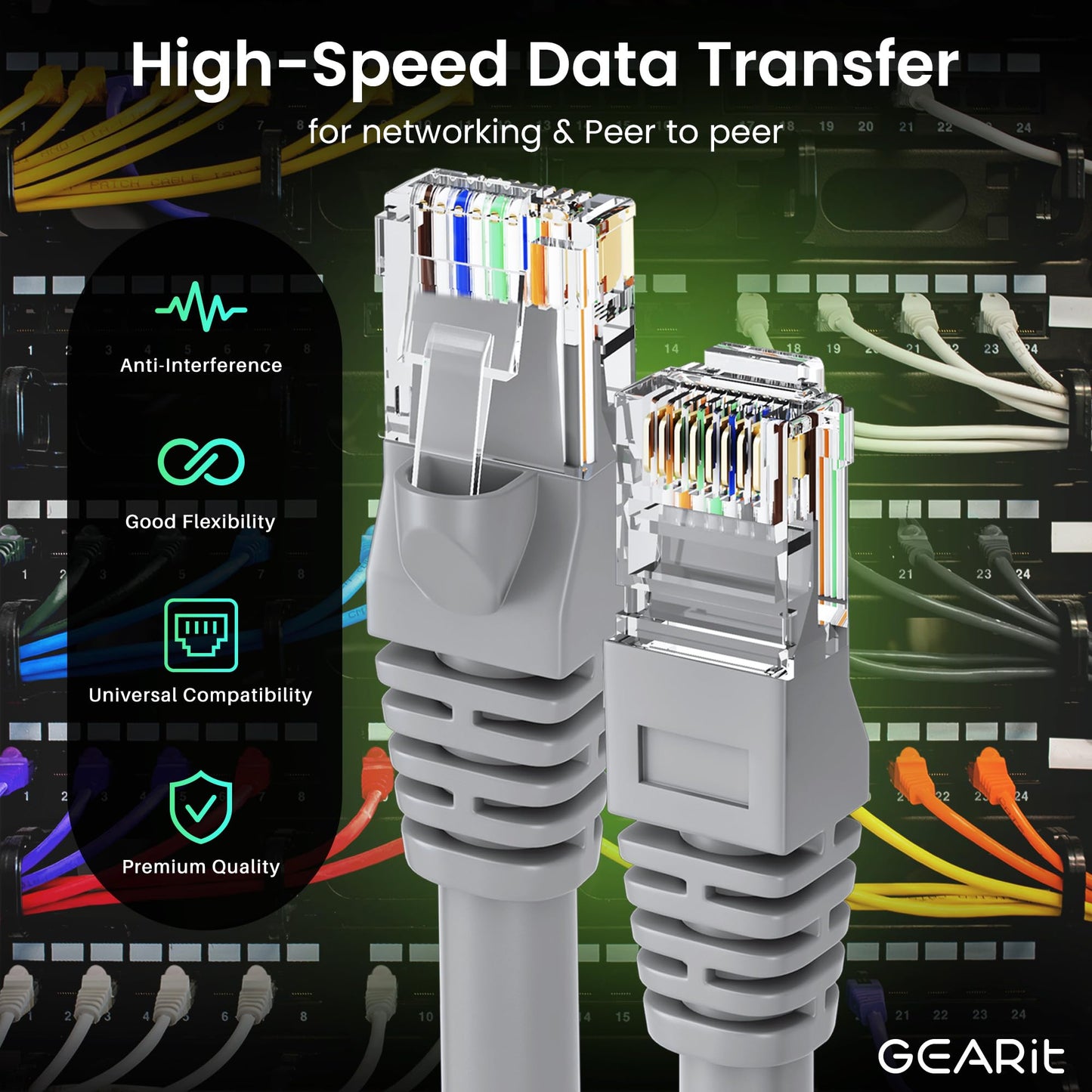 Gearit Cat 6 Ethernet Cable (10-Pack 7 Feet) Cat6 Network Patch, 10Gbps, Rj45, Snagless Cord, Gold-Plated Connectors, Internet F