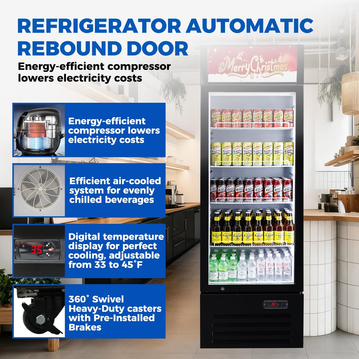 Bluelinecool Commercial Refrigerator Beverage Cooler, 12.5 Cu.Ft Display Refrigerator with Glass Door, Drink Fridge with Led Light, 4 Adjustable Shelves, Merchandiser Refrigerator for Beer, Bar, Shop