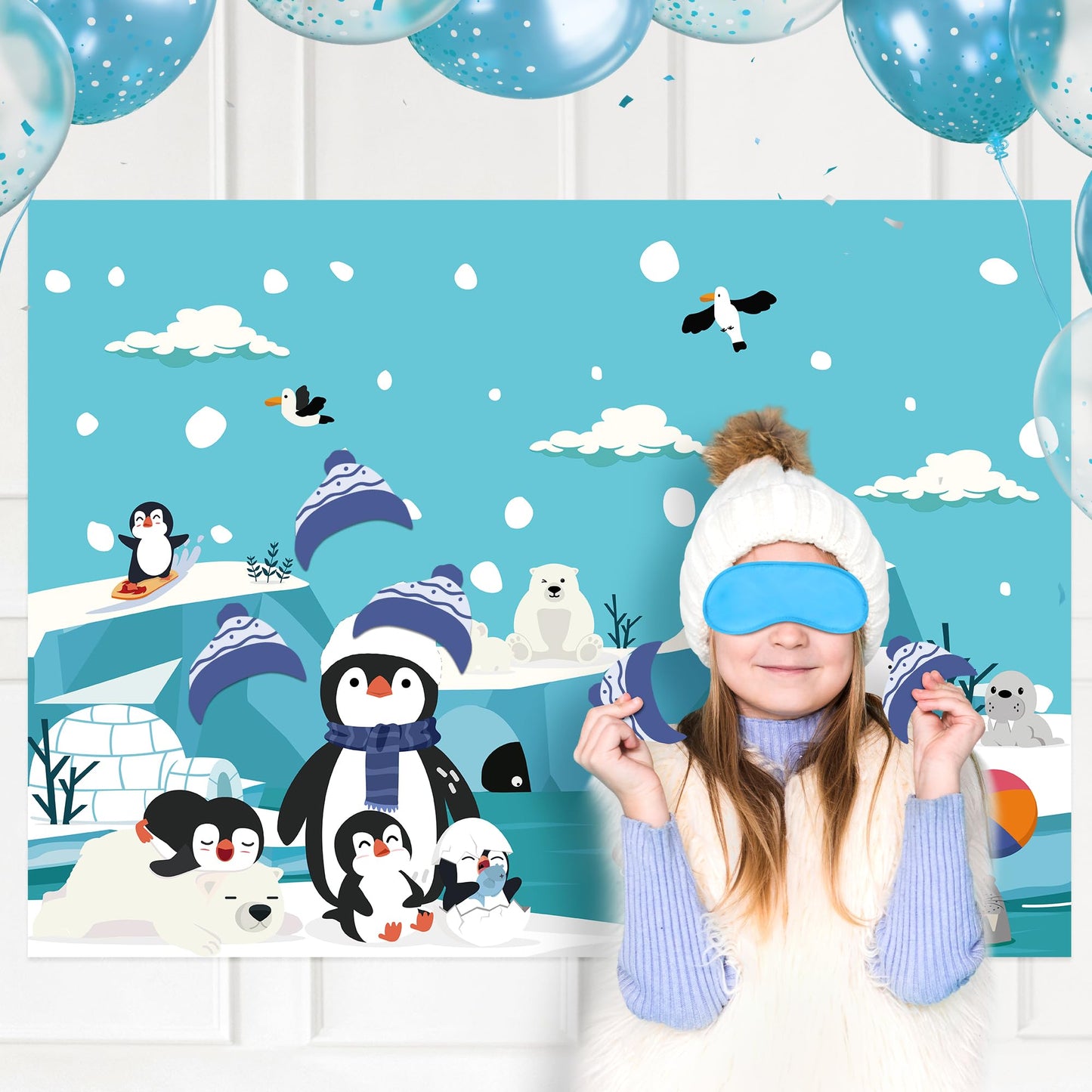 EmmgHen Pin the Hat On the Penguin Party Game Poster with Stickers Fun Winter Polar Arctic Animals Themed Activities Party Decorations Supplies for Christmas Holiday New Year Birthday Family Gathering