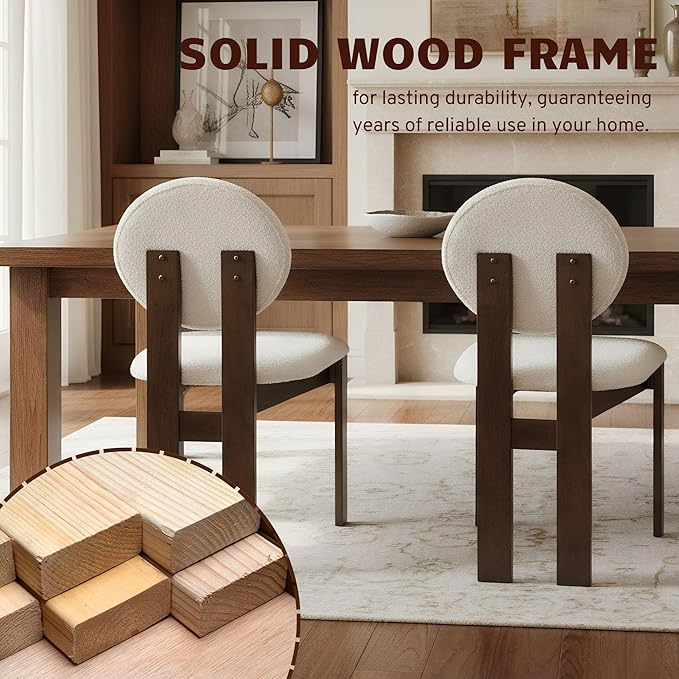 Modern Wood Dining Chairs Set of 6, Farmhouse White Boucle Kitchen Chairs with Round Back and Wooden Walnut Legs, Mid-Century Armless Upholstered Accent Chairs for Dining Room/Living Room/Restaurant