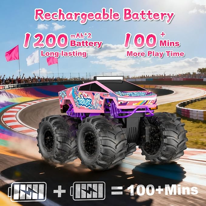 Remote Control Car for Girls,1:18 Pink Monster Truck Toys Amphibious RC Cars, 2.4 GHz Waterproof RC Trucks, 4WD All Terrain Off-Road Pickup, Girls Toys for 6-12 Year Old Kids Christmas Birthday Gifts