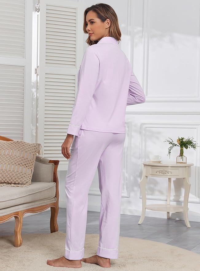 Veseacky 100% Cotton Pajamas for Women Set Long Sleeve Button Down Sleepwear Soft Pjs Lounge Sets with Pockets XS-XXL