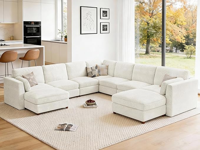 CUGOAO 159'' Modular Sectional Sofa,9-Seater Oversized U-Shaped Sectional Couch with Ottoman, Deep Seat Chenille Cloud Couch, Mordern Upholstered Couches for Living Room, Apartment, Office, Beige