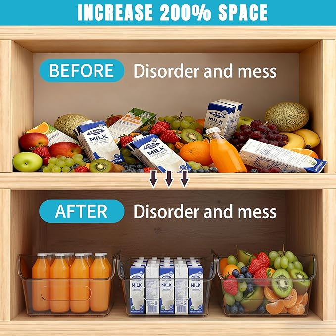 Pantry Organizers and Storage,Clear Plastic Containers with 2 Dividers for Kitchen,Fridge,freezer Organization and Storage,Acrylic Bins for Pounches,Spice Packet,Snack organzier (2 Pack)